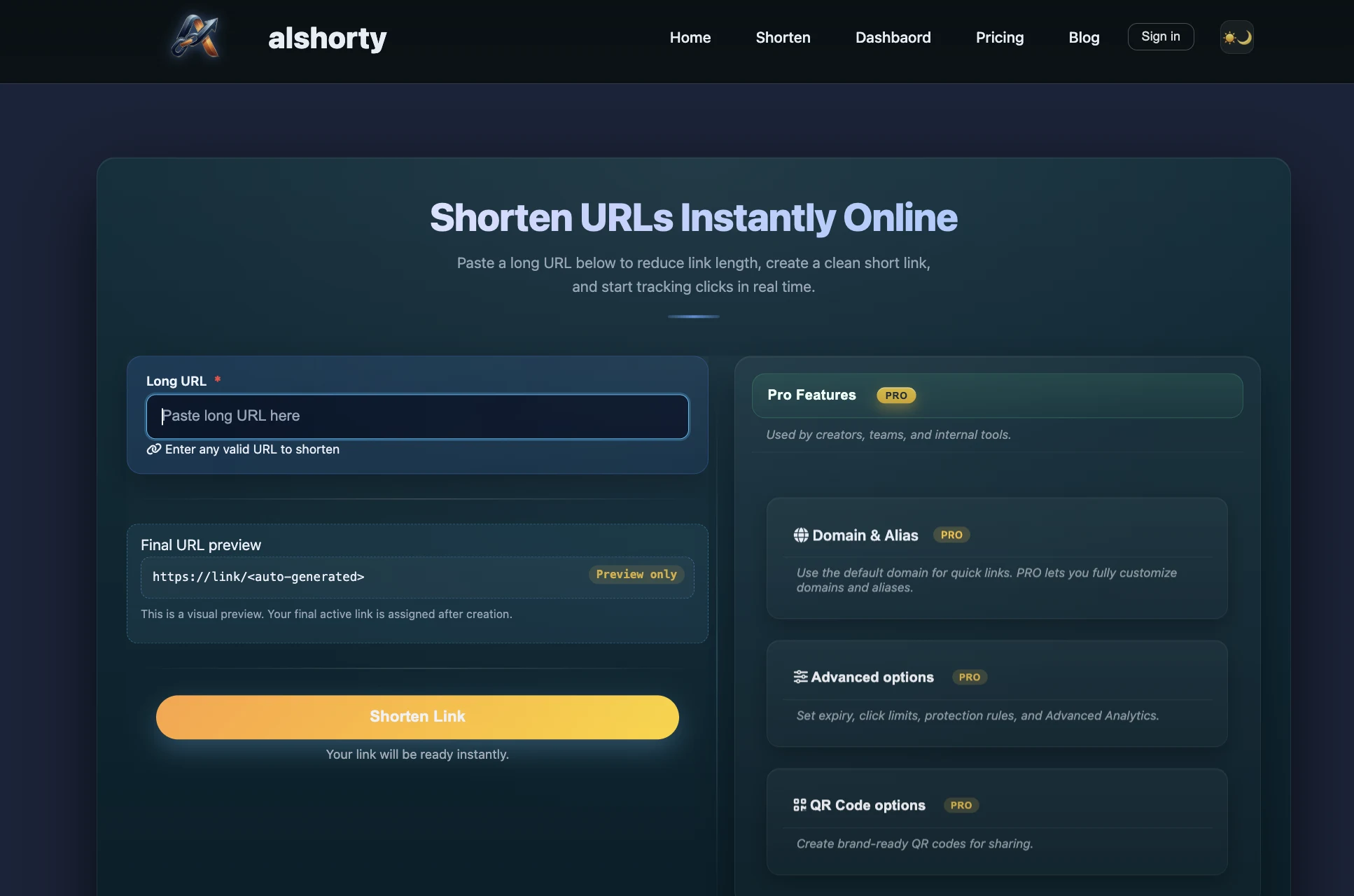 AlShorty URL shortener analytics dashboard example